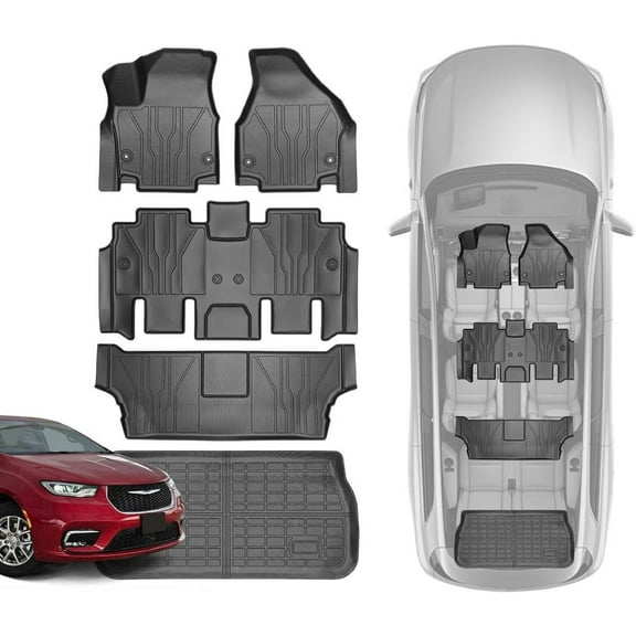 Car Floor Mats & Rear Trunk Mat Cargo Liner Fit for 2017-2025 Chrysler Pacifica 7 & 8 Passenger Model (Not Hybrid Models) / 2020-2025 Chrysler Voyager