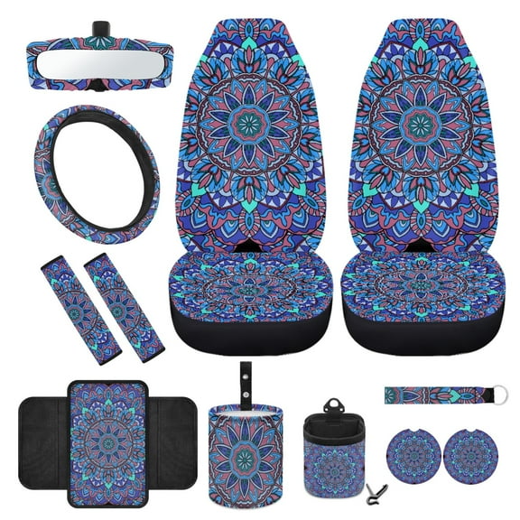 Yuyamidu Boho Mandala Flower Car Seat Covers Full Set 12pcs Front Seat Cover Steering Wheel Cover Seatbelt Pads Armrest Cover Trash Can Air Vent Holder Rearview Mirror Cover Coasters Keychain
