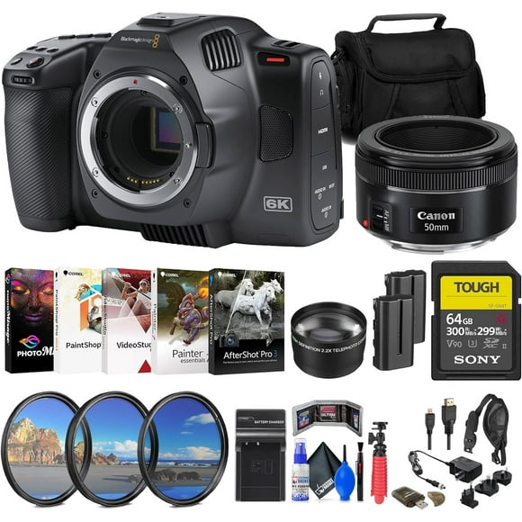 Blackmagic Design Caméra de Cinéma de Poche 6K G2 + Objectif Canon EF 50mm + Cartes 64 Go + Plus