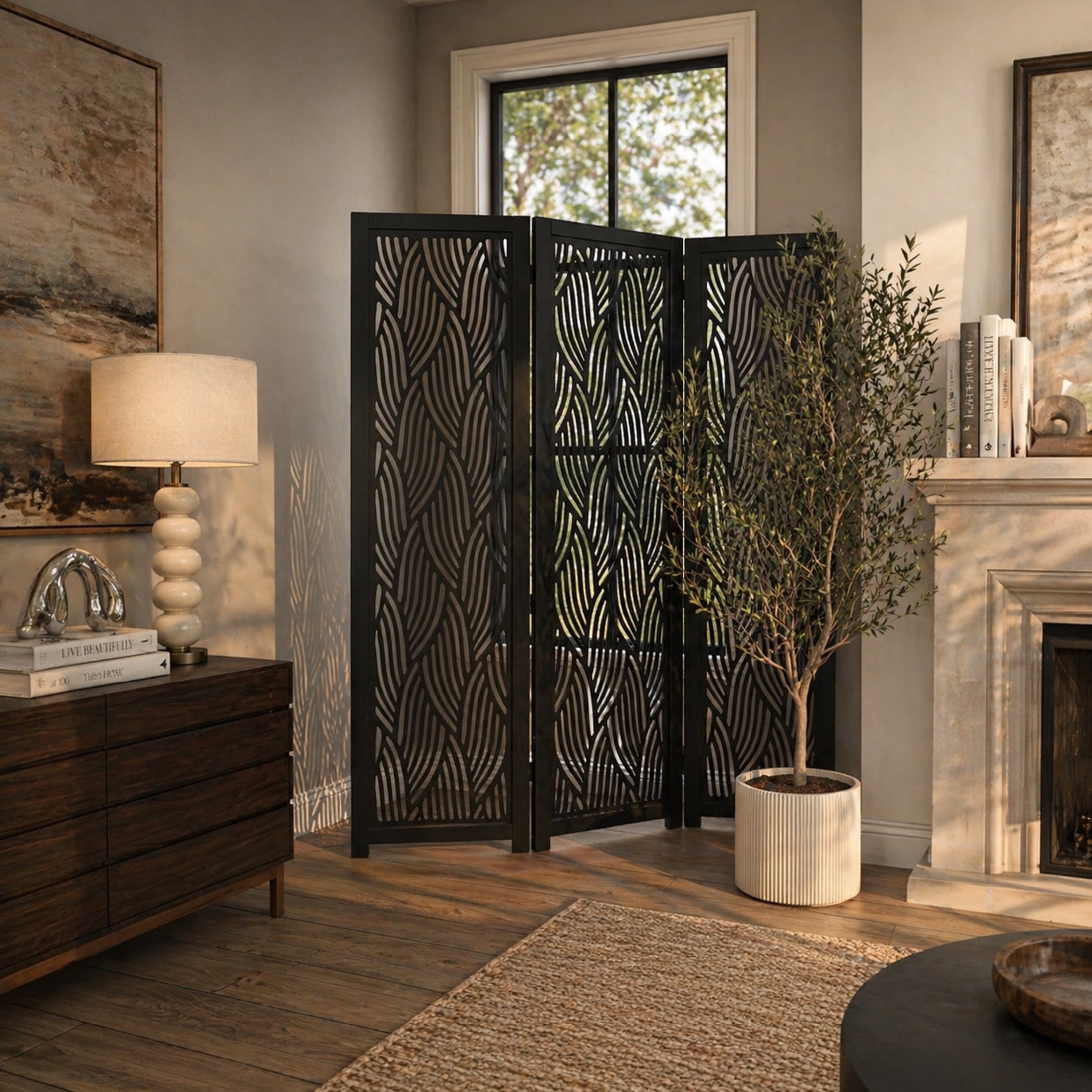 DecMode 60" x 72" Black Mango Wood Abstract Wavy Cutout 3 Panel Room Divider Screen, 1-Piece