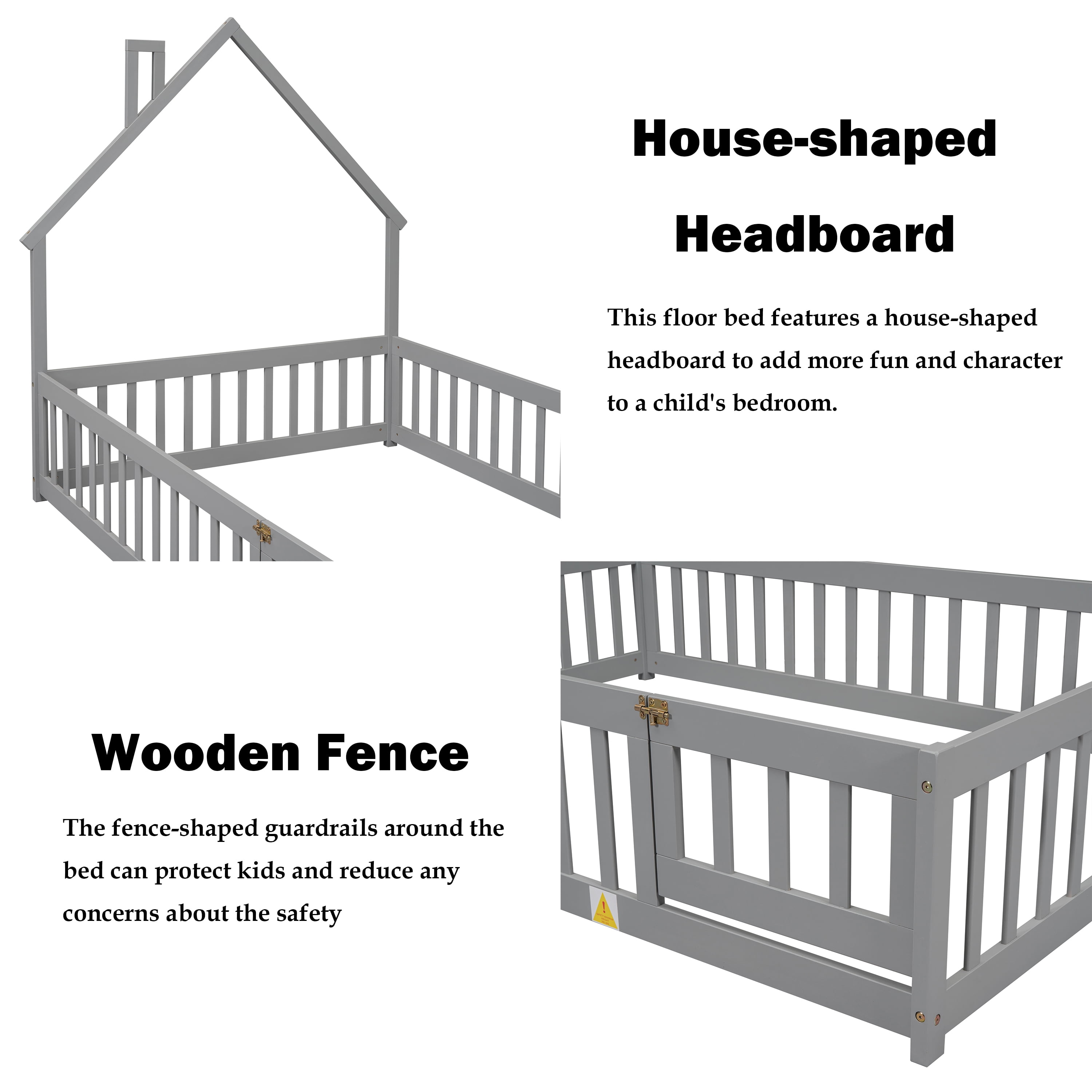 Bellemave Full Size Floor Bed with House-shaped Headboard and Fence Full Wood Floor Bed Frame with Guardrails and Door Montessori House Bed, Gray