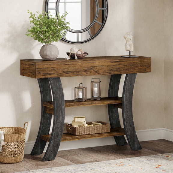Tribesigns 41" Small Console Table for Entryway, 3-Tier Narrow Sofa Table with Storage Shelves for Living Room, Entry, Hallway, Foyer (Brown & Grey)