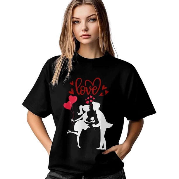 Camiseta de mujer, camisetas de manga corta, camisetas casuales, camisetas de cuello redondo con corazones para San Valentín para mujer