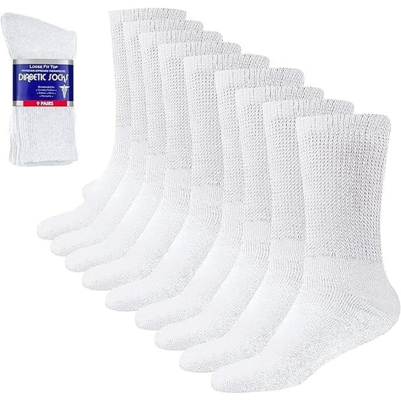 GERVRA Diabetic Socks for Men & Women – 9 Pack Non-Binding Extra Wide Top, Cotton Blend Crew Socks for Swollen Feet (10-13, White)