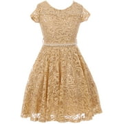 Big Girls Cap Sleeve Floral Lace Rhinestones Belt Asymmetrical Birthday Flower Girl Dress Gold 14 (2J1K0S2)