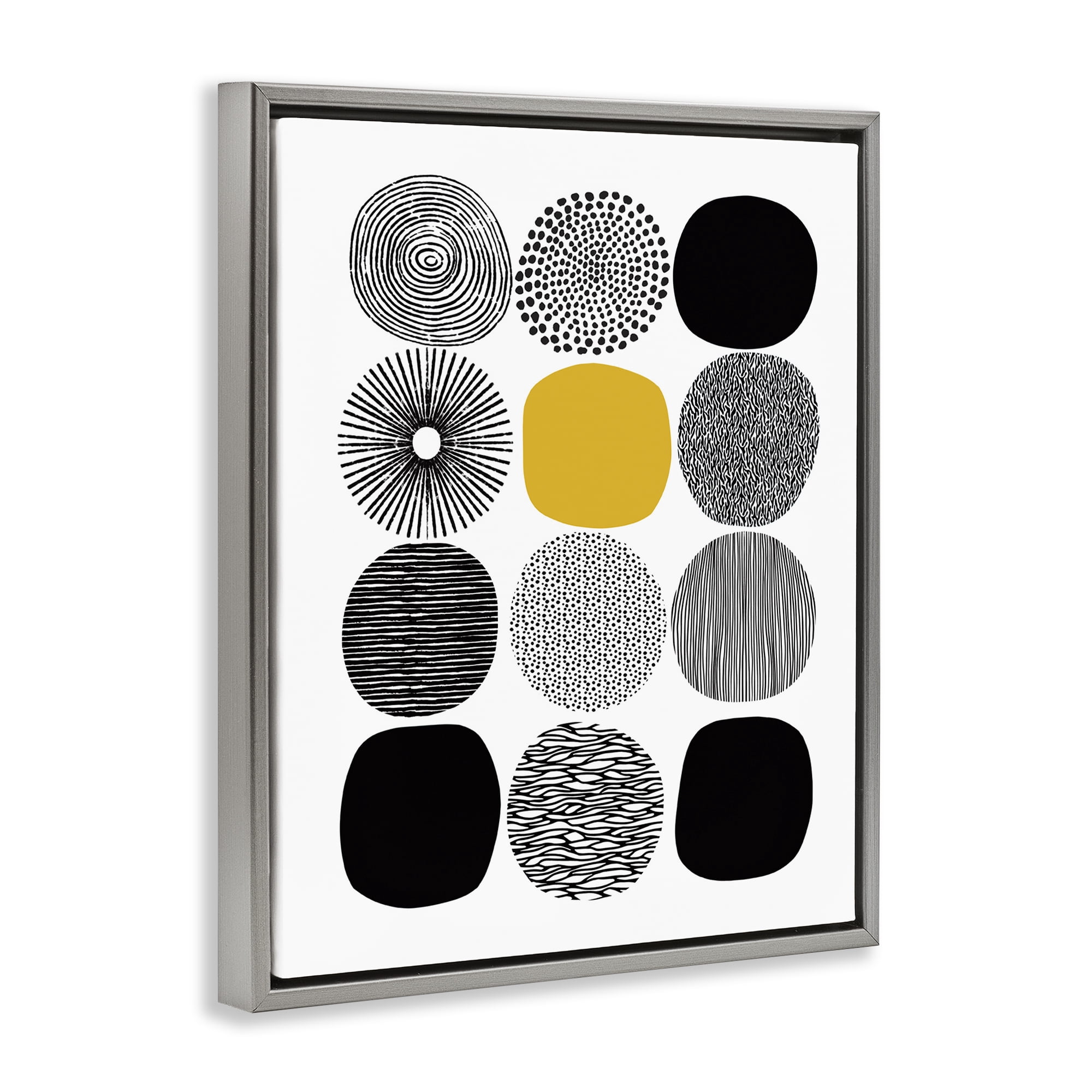 Stupell Industries Patterned Circles Yellow Accent Abstract Painting Gray Floater Framed Canvas Art Print Wall Art, 17 x 21