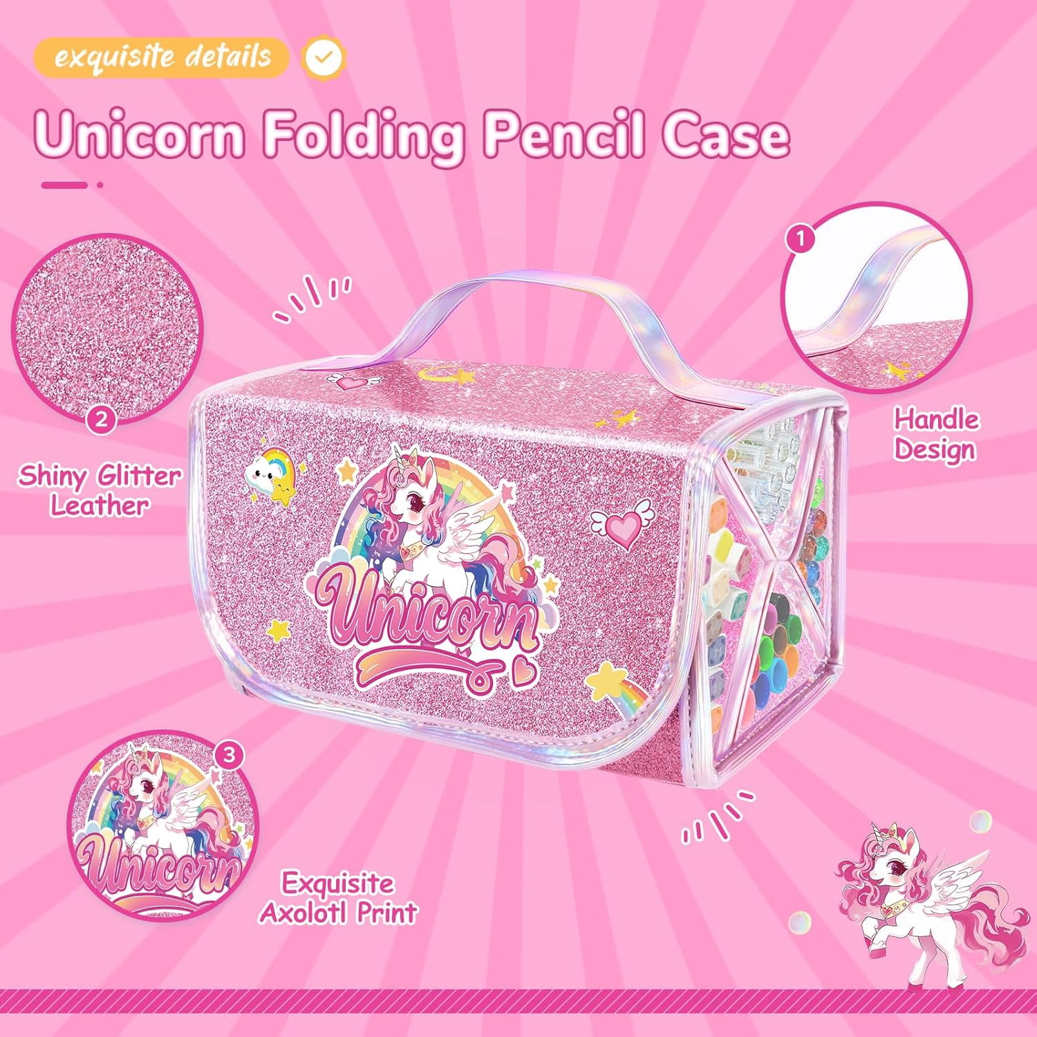 70PCS Unicorn Washable Markers Set with Glitter Case,Supplies for Kids Ages 4-6-8,Drawing Coloring Craft Kits for Girls with Marker,Glitter Pens,Crayon,Birthday Gifts Toys for Girls