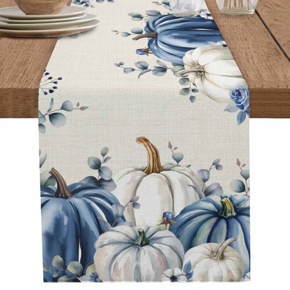 nqOlkjepod Blue Pumpkins Fall Table Runner 70 Inches Long Farmhouse Dress Scarves, Thanksgiving Eucalyptus Leaf Rustic Dining Tablerunner for Coffee Table/Kitchen Island/Party Décor, 13" x 70"