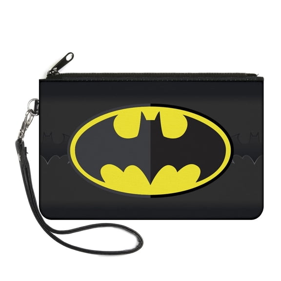 DC Comics Wallet, Zip Pouch, Batman Icon Centered Bat Signal Stripe Black Yellow Grays, Canvas