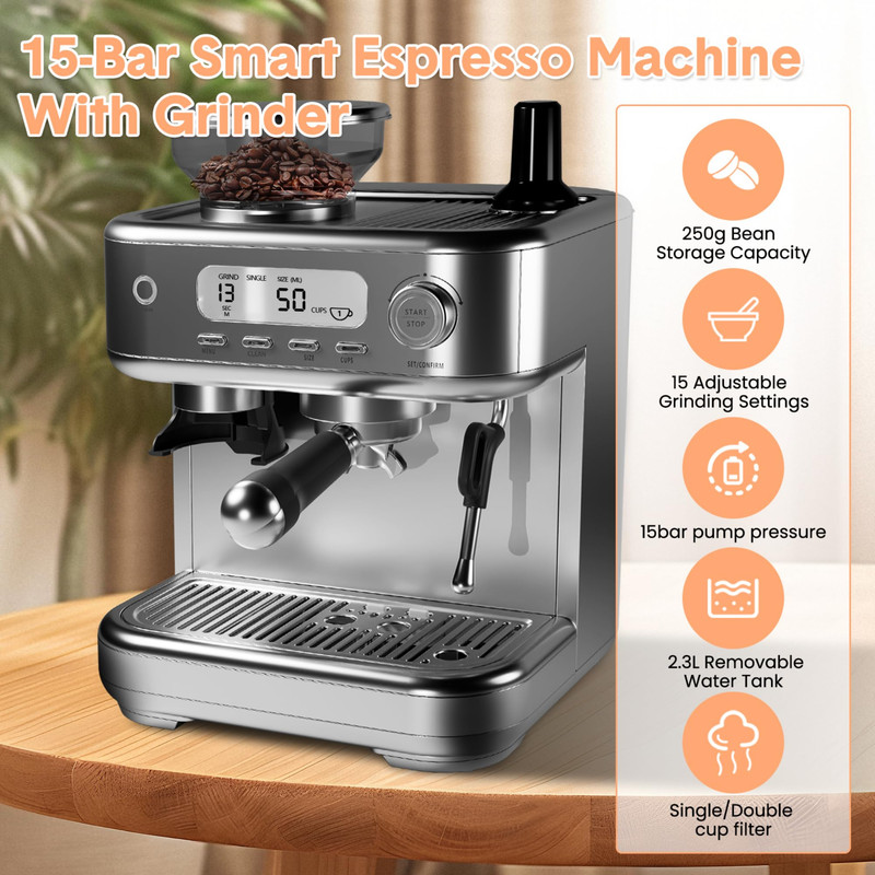 Towallmark 15 Bar 78 Oz Semi-Automatic Espresso Machine with Grinder, Built-In Coffee Grinder and Milk Frother, LCD Display Cappuccino Latte Maker, Stainless Steel Coffee Machine for Home Use