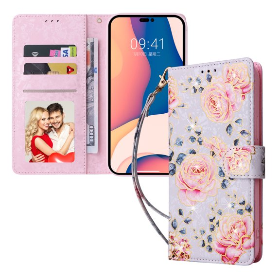 iPhone 14 Pro Case Girls Women, Wallet 3D Butterfly Flower Bronzing Shell Texture with RFID Blocking Magnetic Clasp Card Slot Shockproof Cover for iPhone 14 Pro, Garden Rose