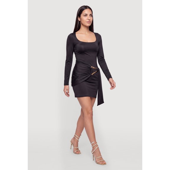 Women's Metallic Detail Long Sleeve Square Neck Mini Dress