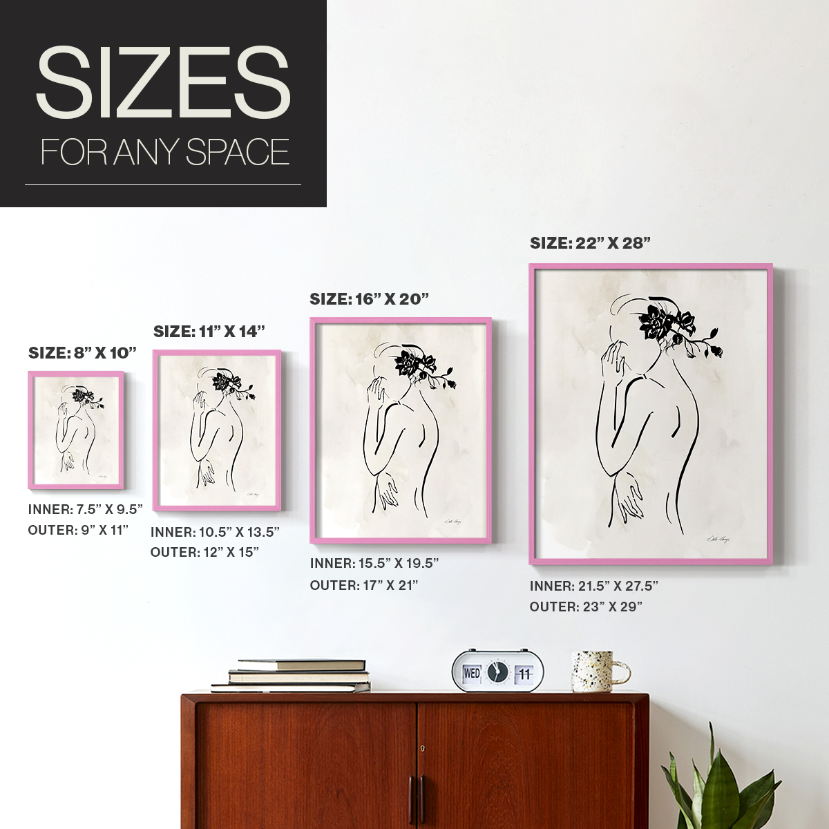 Romantic Line Art II in Pink Solid Wood 11 x 14 Framed Print