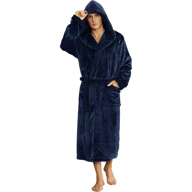 U2SKIIN Mens Hooded Robe, Plush Soft Warm Mid Length Fleece Bathrobe for Men,(Navy,L-XL)
