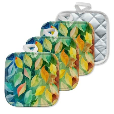 

4 Pack Pot Holders Kitchen Essential Potholder Set Watercolor Palette Showcasing Diverse Leaves