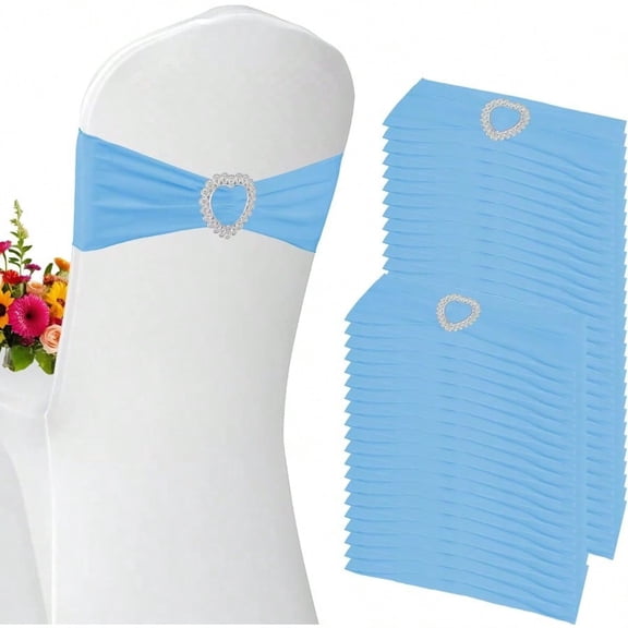 100 Pack Spandex Stretch Blue Chair Sashes Bows Universal Elastic Light Blue Chair Cover Bands Ties With Buckle Slider For Wedding Party Banquet Ceremony Reception Event Decorations