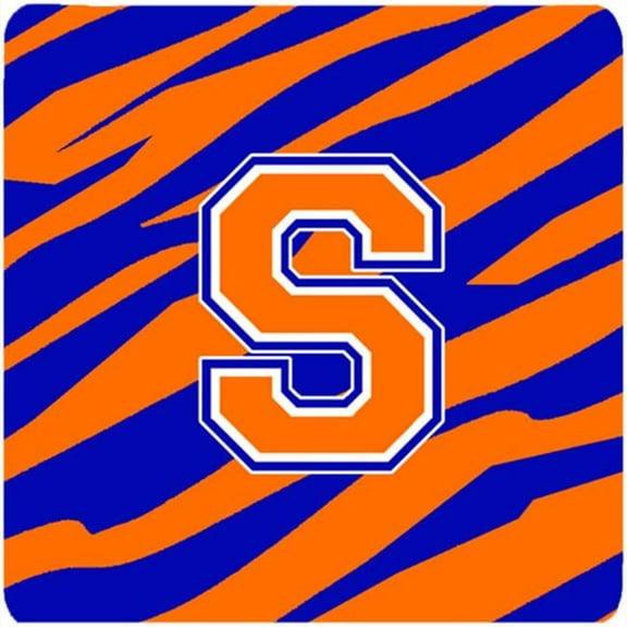 Monogram - Tiger Stripe - Blue Orange Foam Coasters, Initial Letter S - Set 4, 3.5 x 3.5 In.