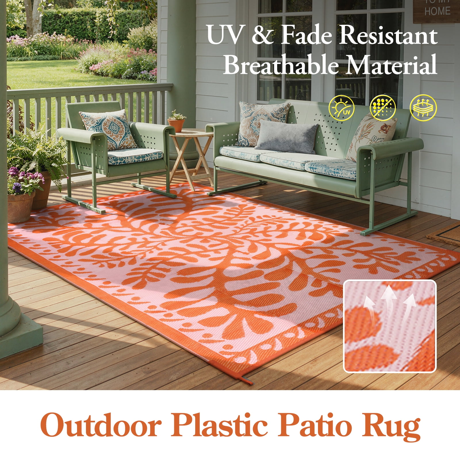 SUNDEREY 8’X10’Outdoor Rug for Patio,Waterproof Beach Mats, Seaweed Pattern Plastic Straw Outdoor Rugs for RV Patio Deck Beach Porch Backyard,Orange