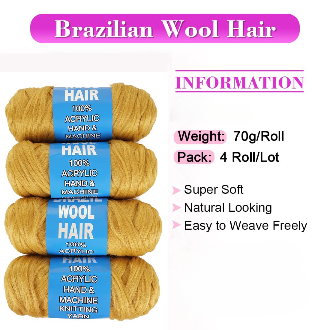 Kiibsot 1/4/8 Rolls 100% Brazilian Wool Hair Acrylic Yarn for African Braids/Senegalese Twist/Faux Locs/Wraps