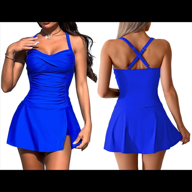Traje de Baño de una Pieza con Falda Fruncida Cruzada para Mujer Azul Real L