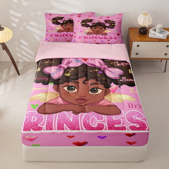 Homewish Cute Princess Girl Zipper Twin Comforter Sets with Fitted Sheet and 2 Pillowcases,Cartoon Black Girly Colorful Loves Print Zipper Bedding Set For Kids,Pink Reversible,4 Pieces