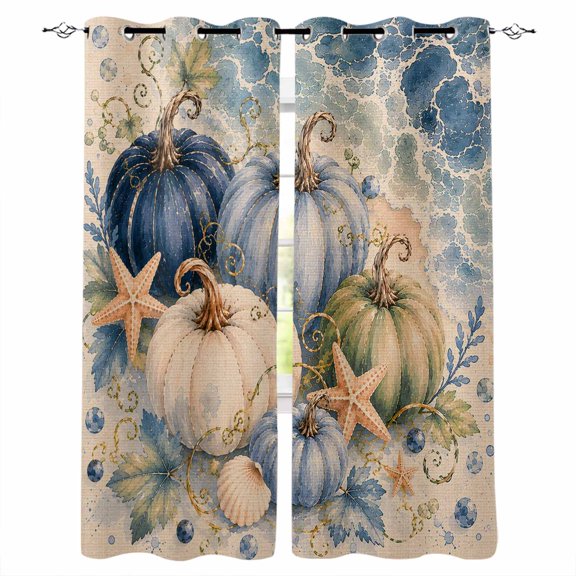 Thanksgiving Blackout Curtains for Bedroom Living Room, Coastal Blue Green Pumpkin Starfish Linen Texture 45 In Long Thermal Insulated Room Darkening Drapes Grommet Window Treatments, 42 x 45 In