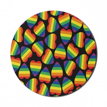 Pride Mouse Pad for Computers, Rainbow Colored Striped Heart Shapes on Black Backdrop Gay Lesbian Love Parade Print, Round Non-Slip Thick Rubber Modern Mousepad, 8" Round, Multicolor, by Ambesonne
