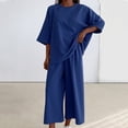 thumbnail image 3 of Two Piece Summer Sets for Women Casual Beach Outfits for Women Clothing Set Female Round Neck Short Sleeve Tops Pants Sets Full Pant Style S_1010 Women's Tracksuits Blue L, 3 of 7