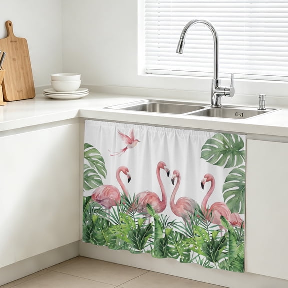 Pink Flamingos Cabinet Curtains for Kitchen 11"W x 13"L, Green Jungle Tropical Palm Leaves Botanical Vanity Cabinet Curtains Magic Tape Short Curtain Decor Privacy Panel for Bathroom Laundry