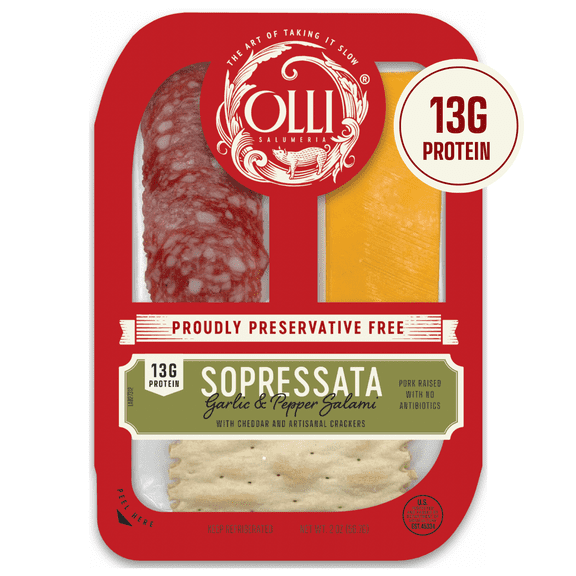 Olli Salumeria Ready-to-eat Refrigerated Sliced Sopressata Salami Snack pack with Cheddar and Crackers