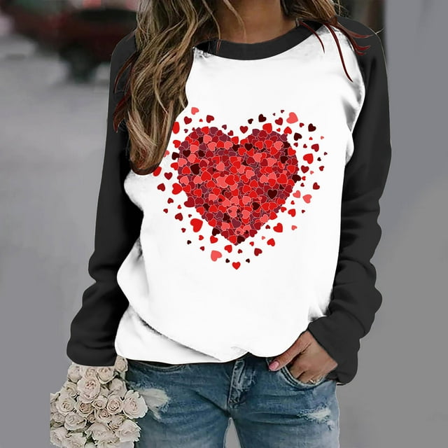 Qertyioot Chandail en Molleton de la Saint-Valentin pour Femmes, Blouse à Manches Longues Imprimée Col Rond Tunique Décontractée