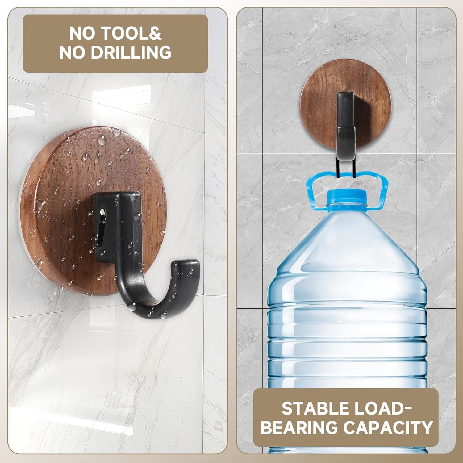 FRKSMD-Walnut Suction Cup Hooks - Waterproof No Drill Removable & Reusable Wreath Hanger Wood Wall Hooks for Bathroom Kitchen Tile Glass Mirror, Unique Grain Each - 3 Pack(J)