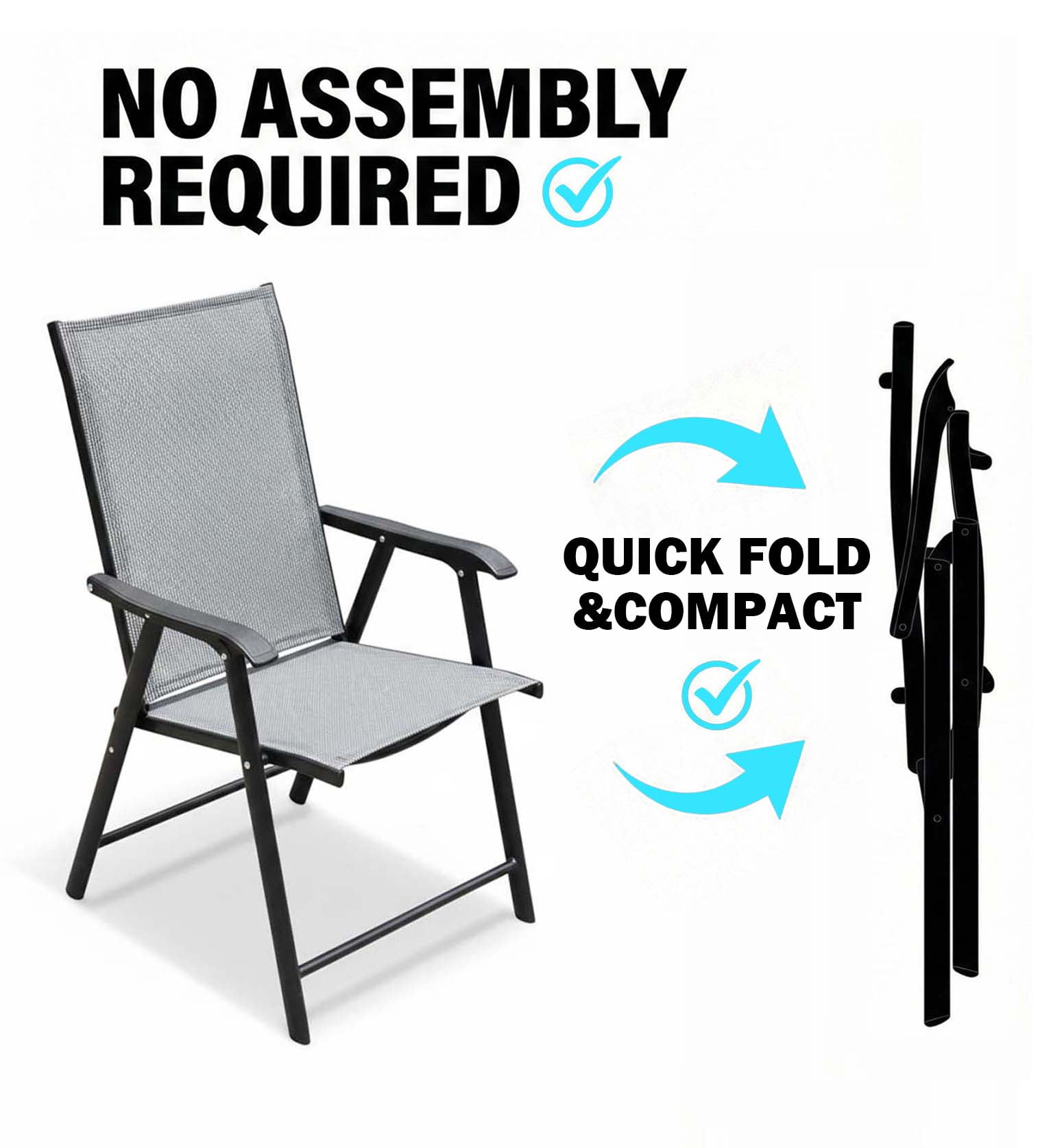 Outdoor Patio Chairs Set of 2, Stackable Folding Dining Chairs with High Back, Portable Camping Chairs with Mesh Seat for Deck, Garden, Travel, Comfortable, Gray