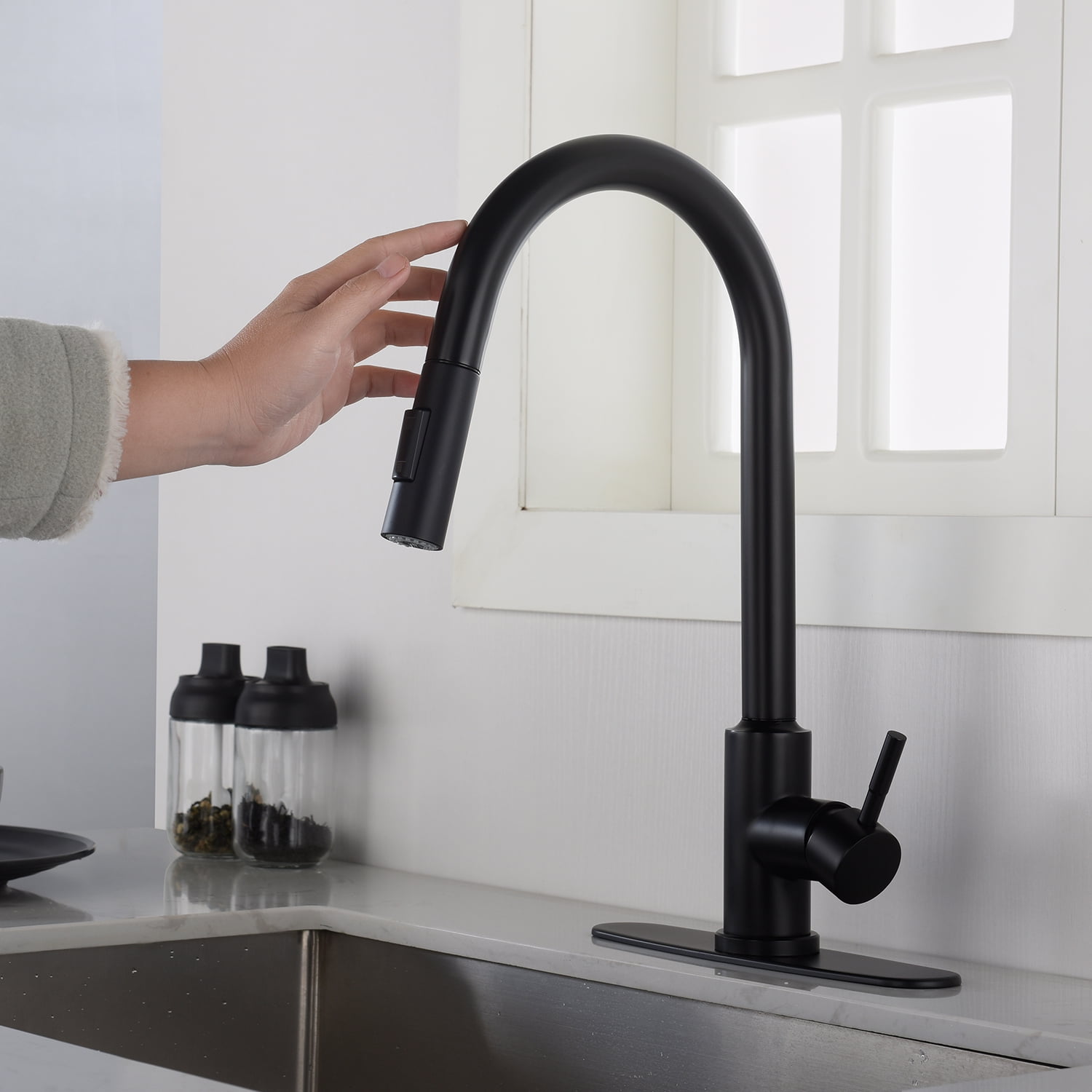 Lowestbest Touch Kitchen Faucet, Single Handle Kitchen Sink Faucet with Pull Down Sprayer-Brushed, Black