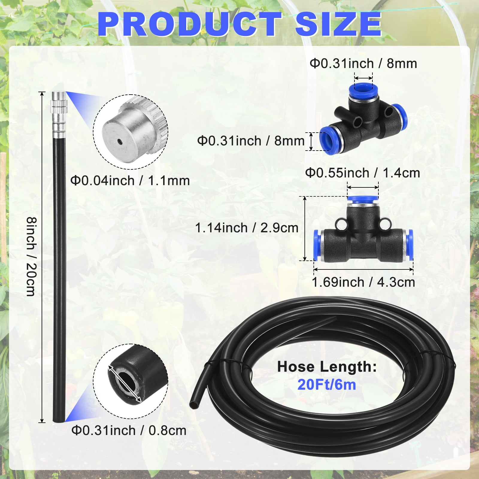 Uxcell 1-Set Drip Irrigation System, 20Ft 5/16" Hose Garden Watering Misting System with 5pcs 360° Adjustable Copper Nozzles