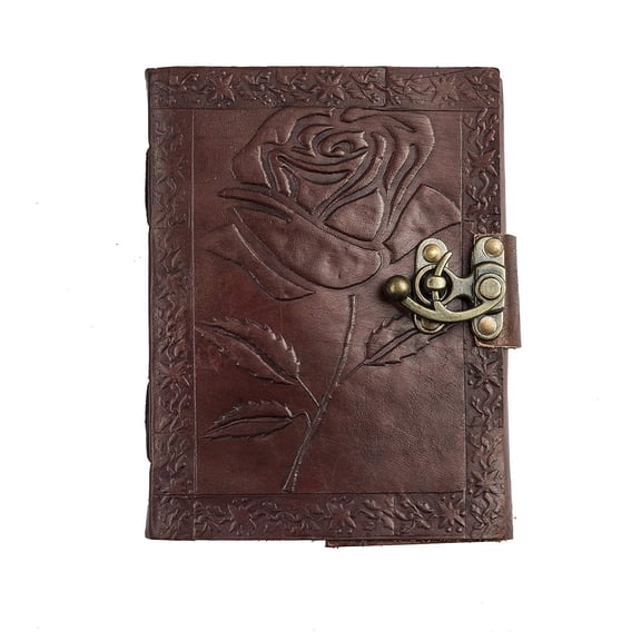 TUZECH Handmade Leather Bound Journal Vintage Writing Notebook For Women and Men with Lock & Engraved Rose Gift Art Travel Diary Book of Shadows Notebooks To Write (7 by 5 Inches)