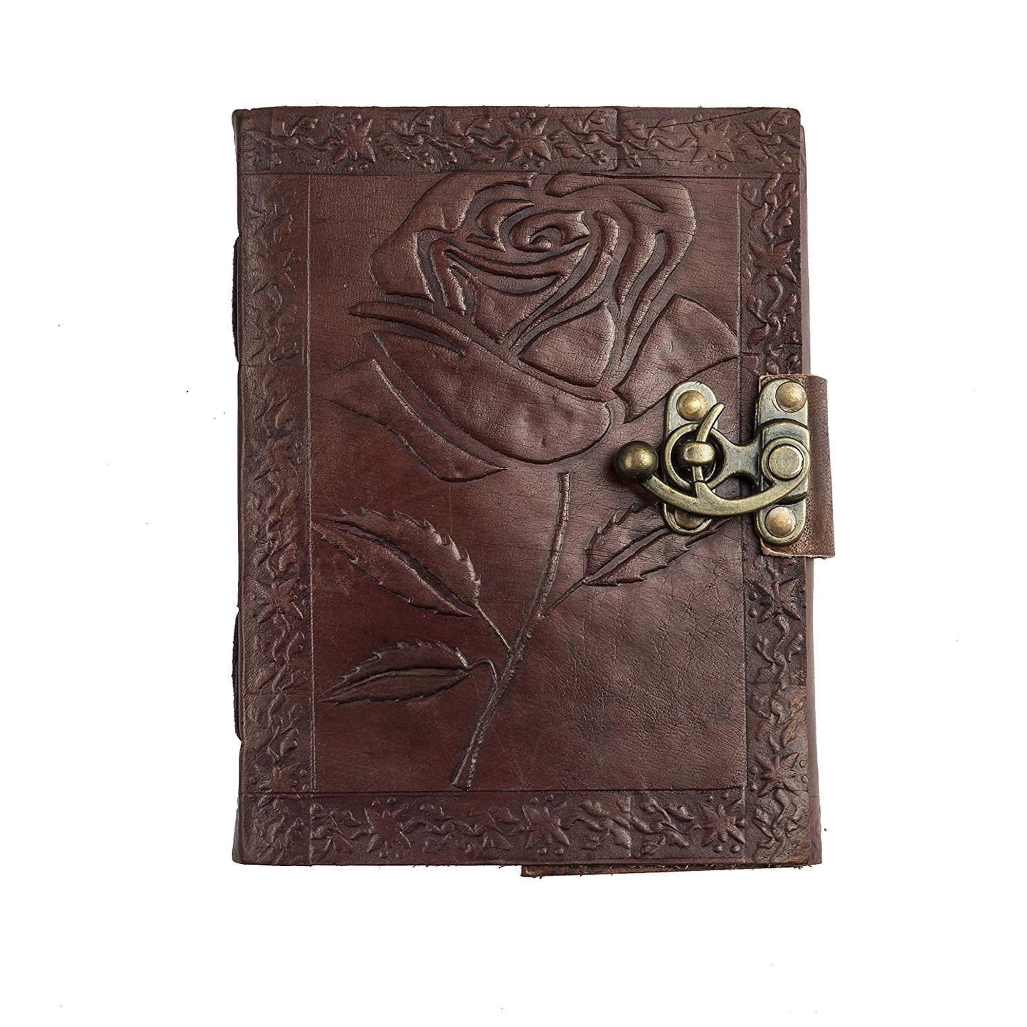 TUZECH Handmade Leather Bound Journal Vintage Writing Notebook For Women and Men with Lock & Engraved Rose Gift Art Travel Diary Book of Shadows Notebooks To Write (7 by 5 Inches)