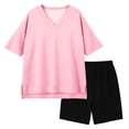 thumbnail image 4 of Girls 2pc Outfits Summer Short Sleeve V Neck Drop Shoulder T-Shirts Basic Leggings Shorts Sets Pink 10-11 Years, 4 of 7