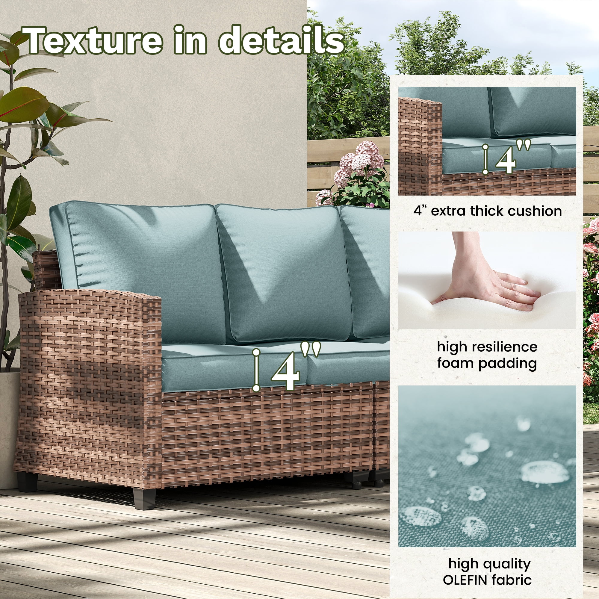 Poteban Patio Furniture Set with 44" Fire Pit Table, 6 Pieces Outdoor Sectional Conversation Sets, All-Weather Wicker Rattan Sofa Ottoman with 4" Thick Cushion for Garden Backyard Deck, Light Blue