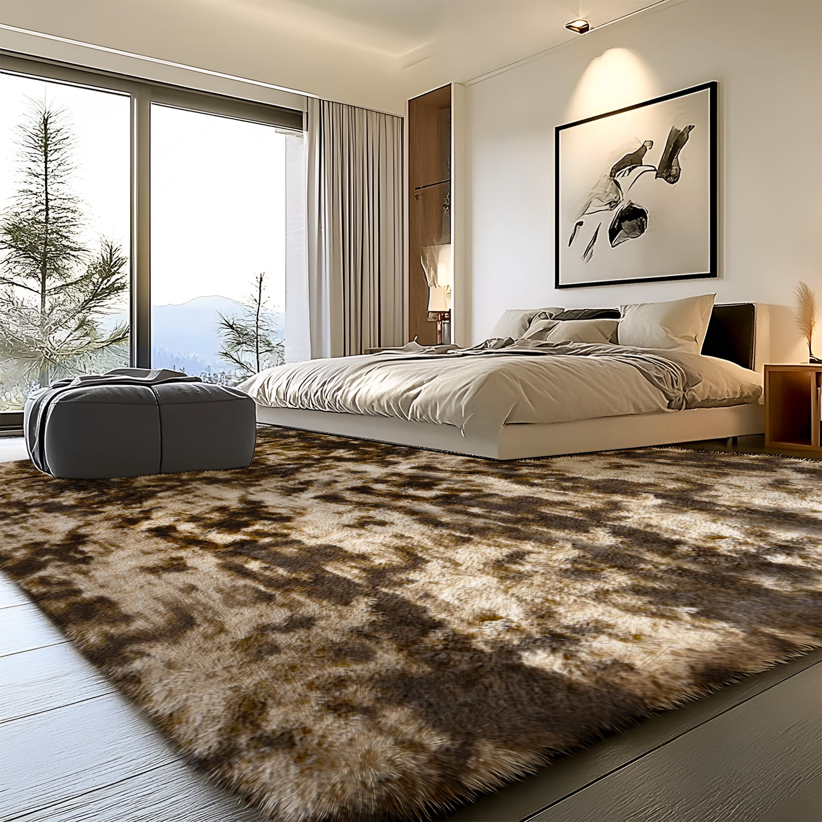 Pentantan 9’ x 12’ Shag Area Rugs, Soft Fluffy Indoor Carpet for Living Room Bedroom Decor, Tie-dyed Coffee