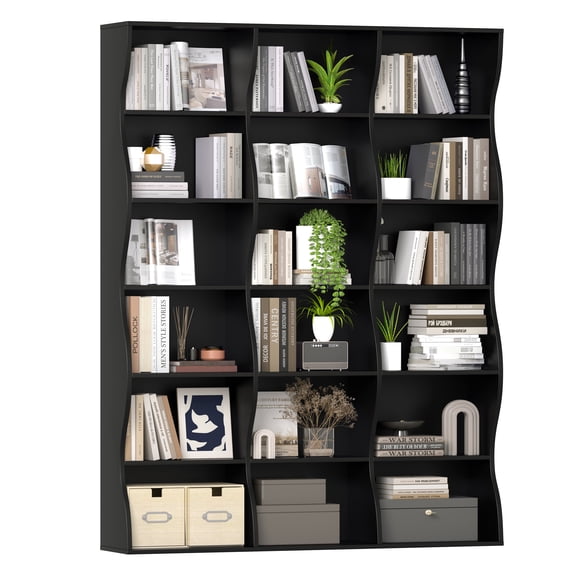 71" Tall 6-Tier Bookshelf with 18 Open Shelves, Modern Triple-Wide Bookcase for Living Room, Home Office or Study, Black