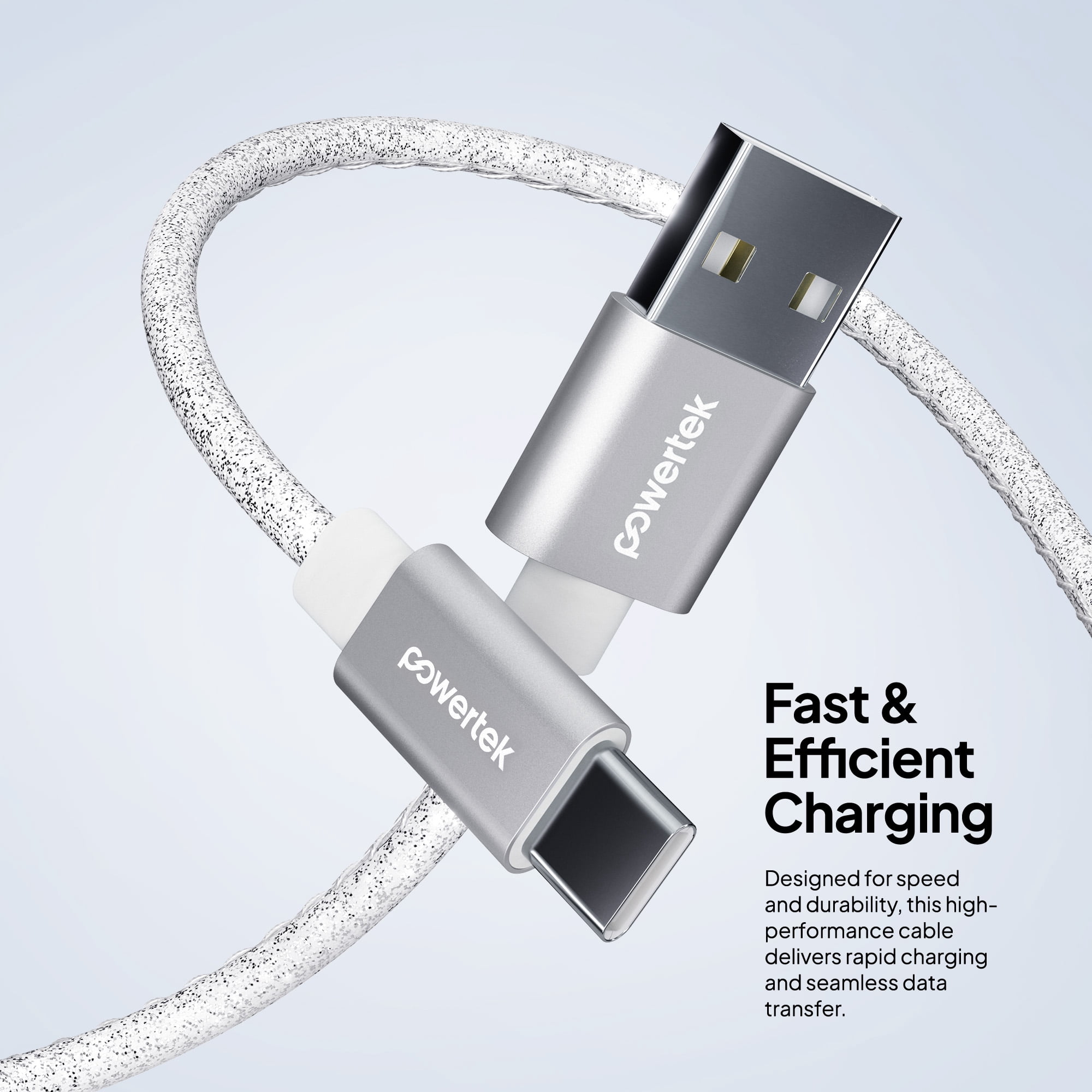 Powertek USB-A to USB-C Cable, Fast Charging Type-C Charger Cord, Durable Tangle-Resistant Sync Cable, White Glitter, 6FT
