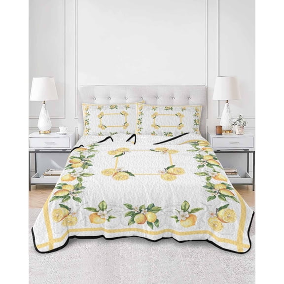 Quilts King Size, Lemon Yellow Soft Comforter Bedding Set for Bed, Modern Country Flower Floral Summer Spring Lightweight Quilted Bedspread with Pillow Cover(2 Pieces) for All Season, 96x106 Inch