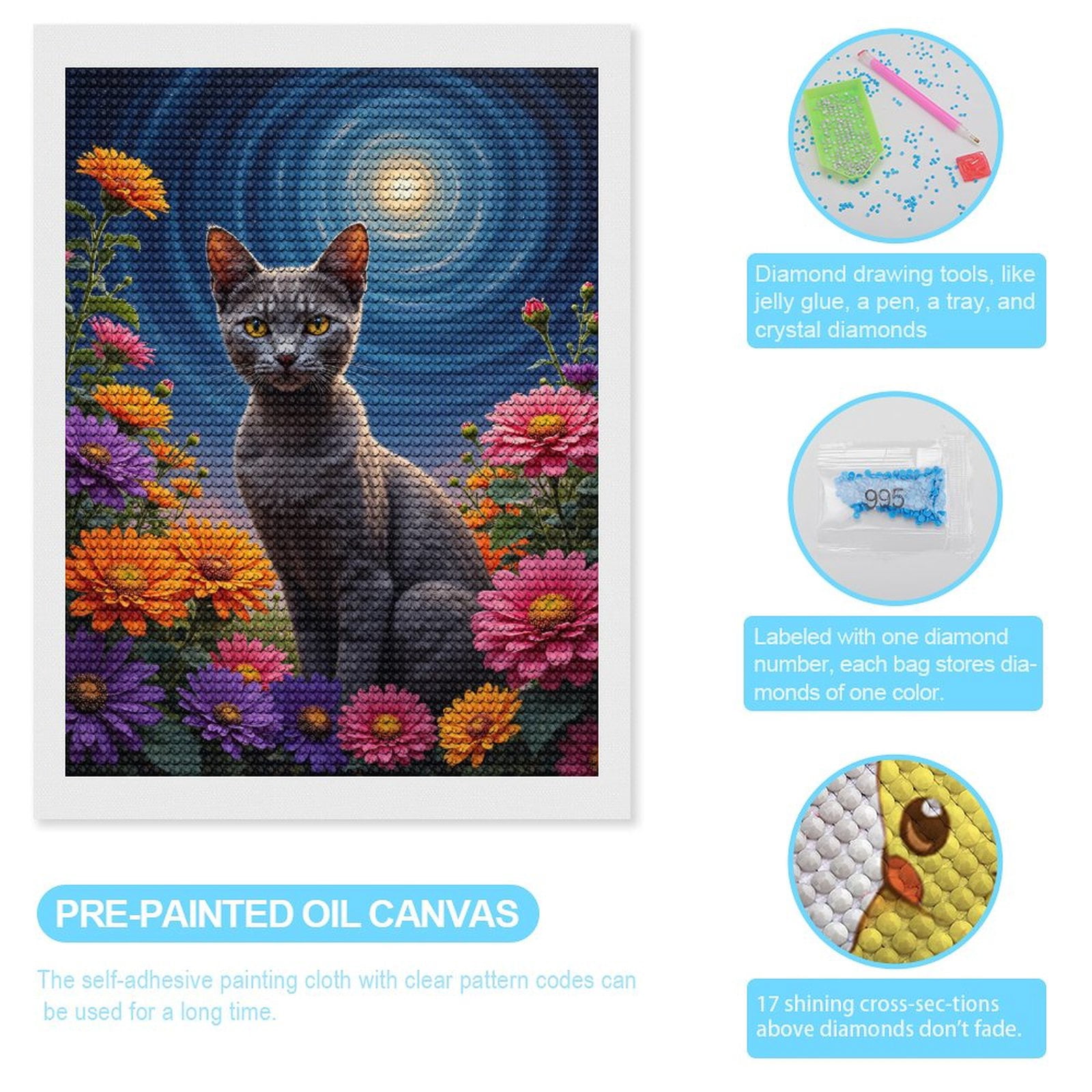 Diamond Art Kit for Adults, Cat Moonlit Floral Night Sky Diamond Painting for Adults Beginners, 5D DIY Diamond Art Painting Kits, Colorful Diamond Painting Craft for Home Decor 12x16