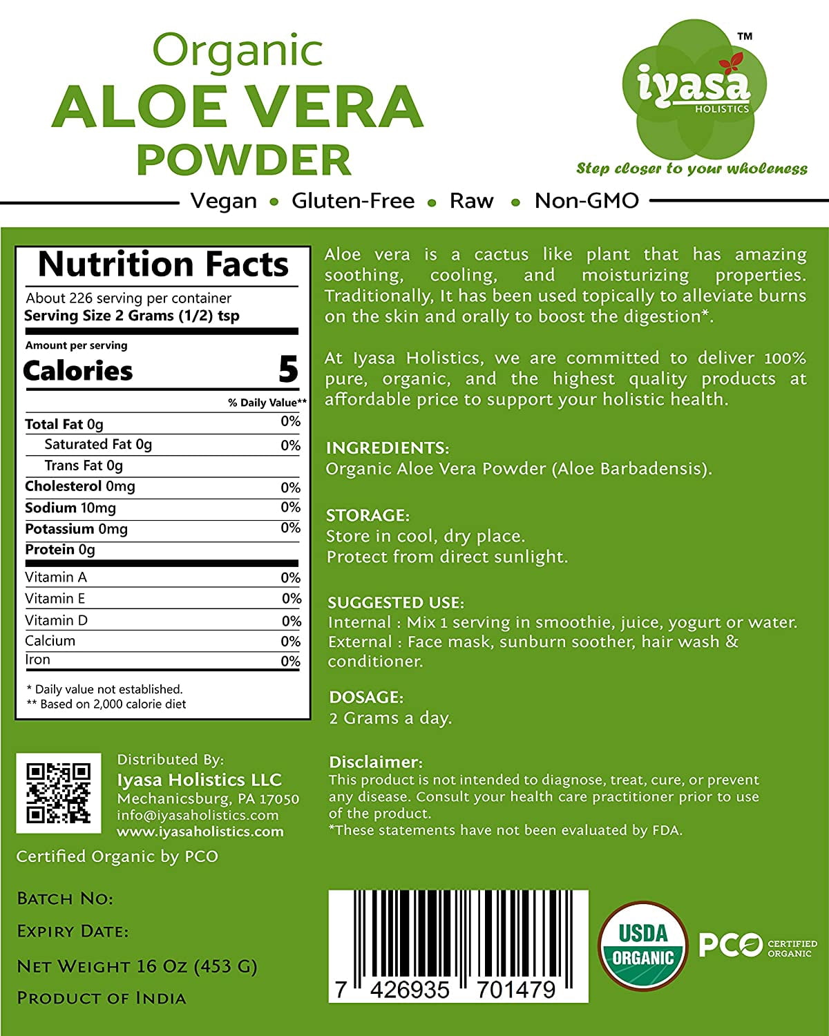 Iyasa Holistics Aloe Vera Powder for DIY skin and Hair Care, Pack of 16 oz