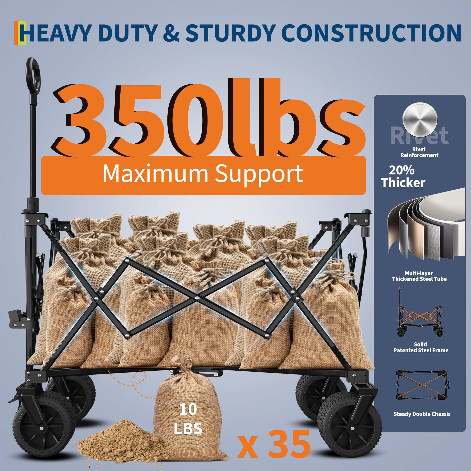 Soonbuy 35" Outdoor Heavy Duty Foldable Wagon for Beach, Large Collapsible Camping Wagon, All Terrain Beach Wagons Extended with Cup Holders for Sand, Garden, Patio, Backyard, Black/Blue/Red