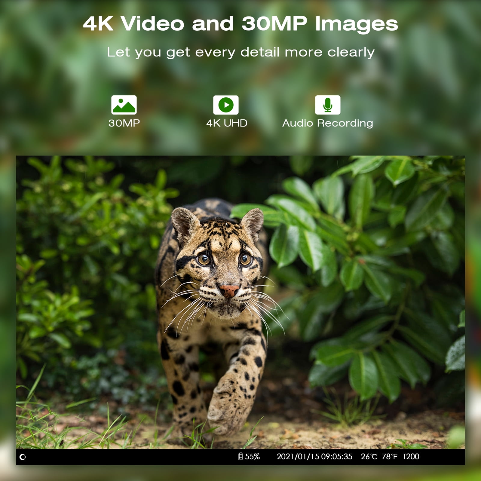 CAMPARK Solar Powered Trail Camera Native 4K 30fps WiFi Bluetooth 30MP Game Camera with Night Vision Waterproof IP66 Motion Activated 120° Wide Angle Hunting Deer Trail Cam for Wildlife Monitoring