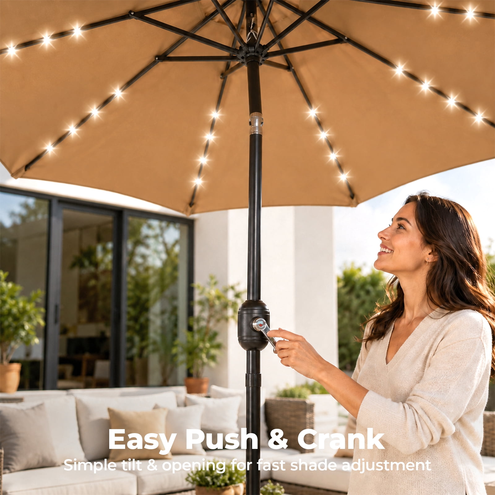 Alvantor 10ft Solar LED Lighted Patio Umbrella, Table Umbrella with 32 Lights, Push Button Tilt, UV-Resistant Canopy, for Deck, Garden, Pool, Café