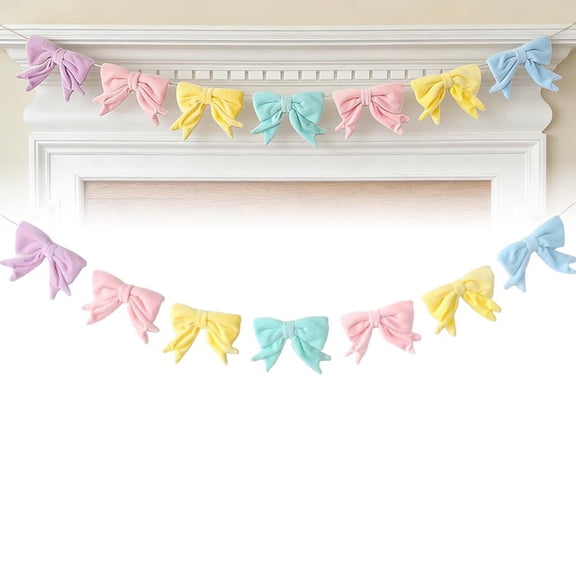 6.5Ft Easter Velvet Bow Garland, Soft Pastel Spring Decor for Mantel Fireplace Wall Window, Coquette Party Decoration for Home Office Bridal Shower Anniversary