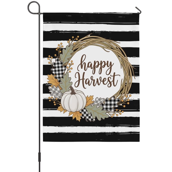 Happy Harvest Garden Flags For Outdoor, Fall White Pumpkin Oak Leaf Wreath Black Whote Stripes Small Double Side Yard Flags Weather Proof Garden Decor for Lawn Outside Holiday 12 x 18 Inches